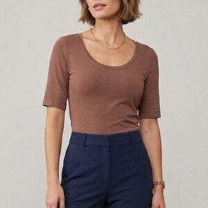 Athleta Brown Scoop Neck Elbow Sleeve Tee S Pima Cotton
